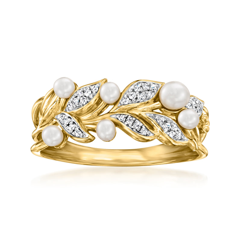 Gold-tone vine ring with white cultured pearls and diamond-pattern inlay