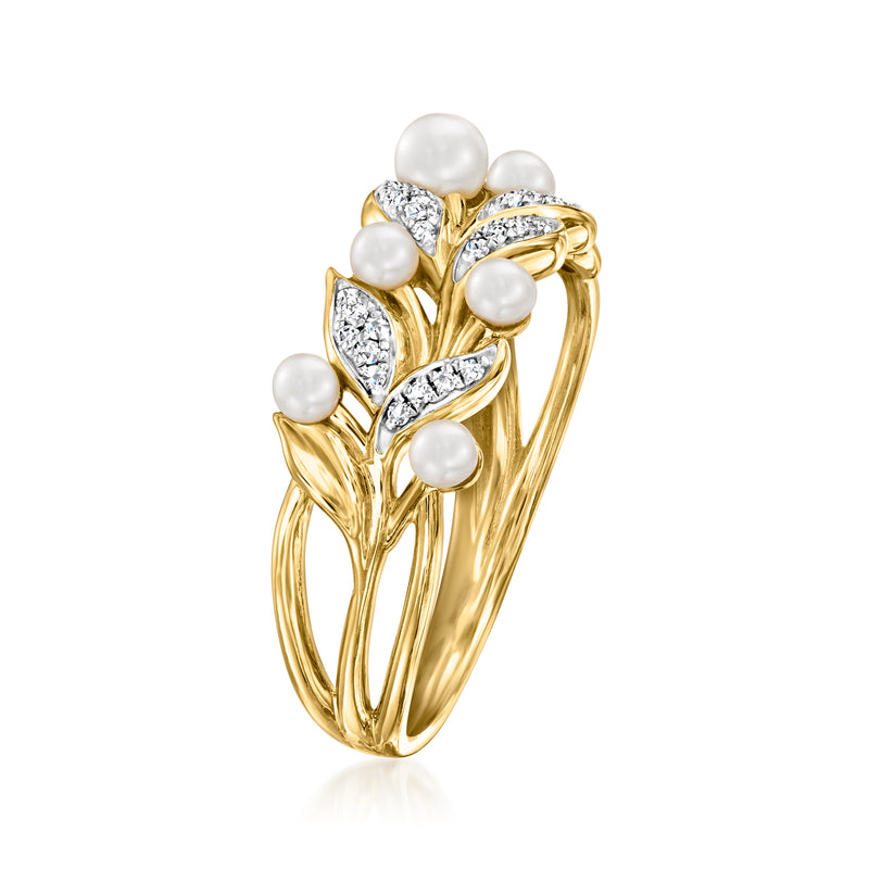 Gold-tone vine ring with oval pearl drops and diamond-pattern accents