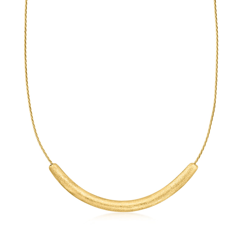 Gold over sterling curved bar necklace with thin chain and smooth U-shaped pendant
