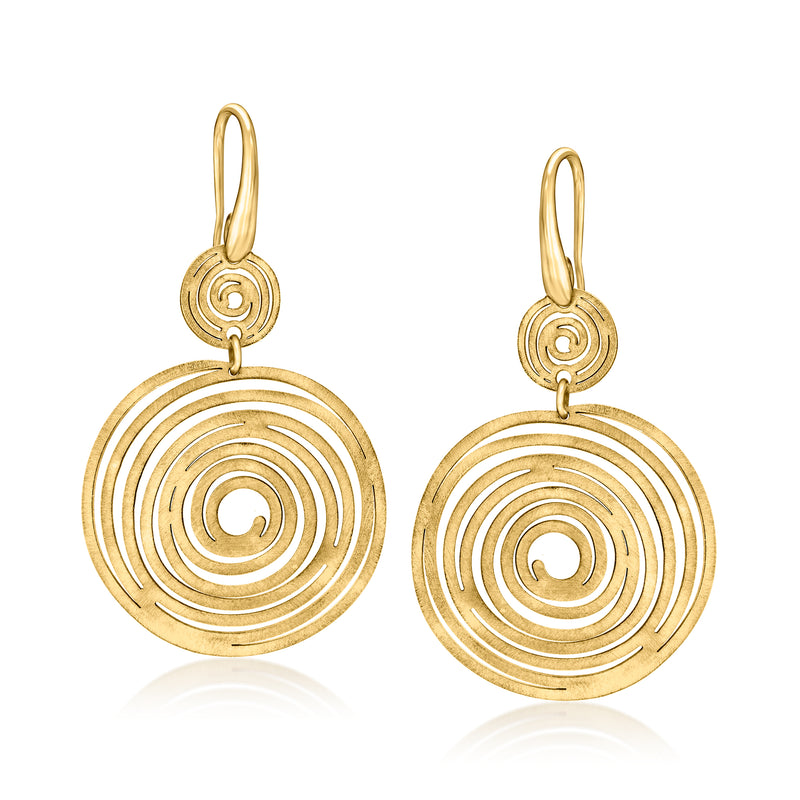 Gold spiral disc drop earrings with hoop earwires, round concentric swirl design