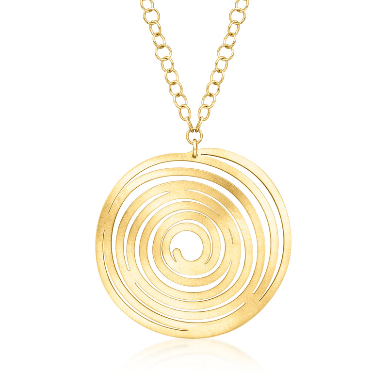 Gold spiral disk pendant necklace with linked chain and round swirl center