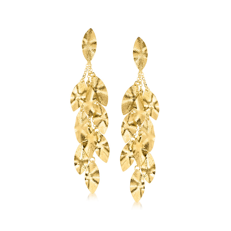 Gold-tone textured leaf drop earrings with dangling leaf shapes and chain accents
