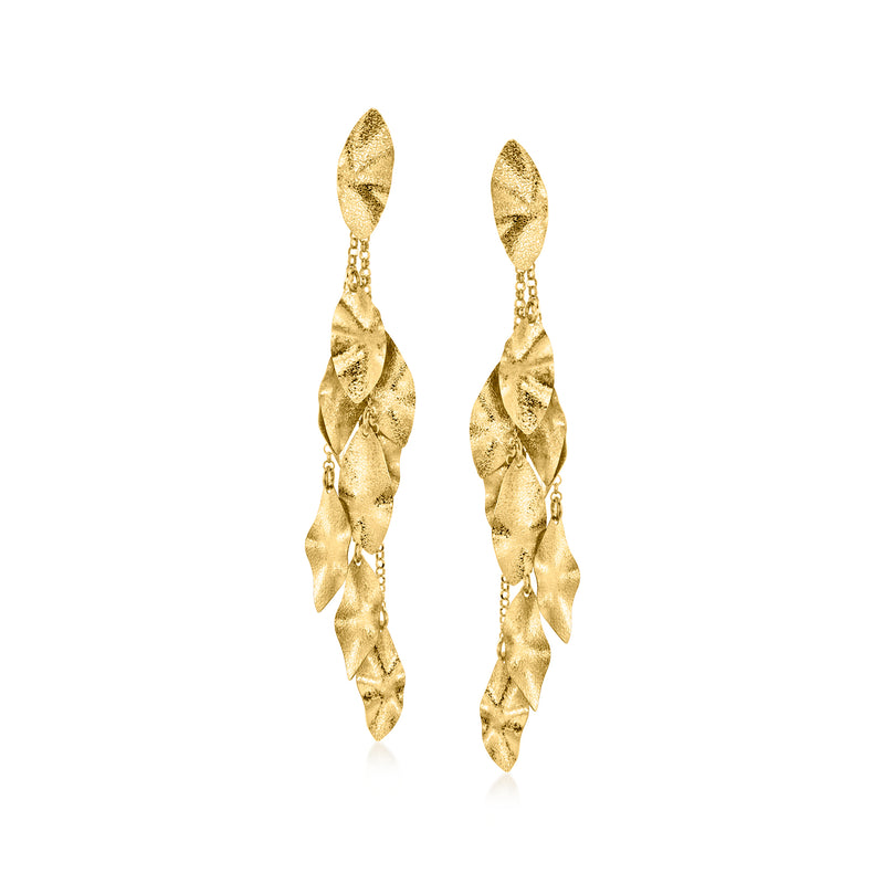 Gold-tone textured leaf drop earrings with layered leaf charms and hanging chain