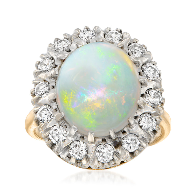 Vintage opal and diamond ring with round opal center, diamond halo, 14kt yellow gold