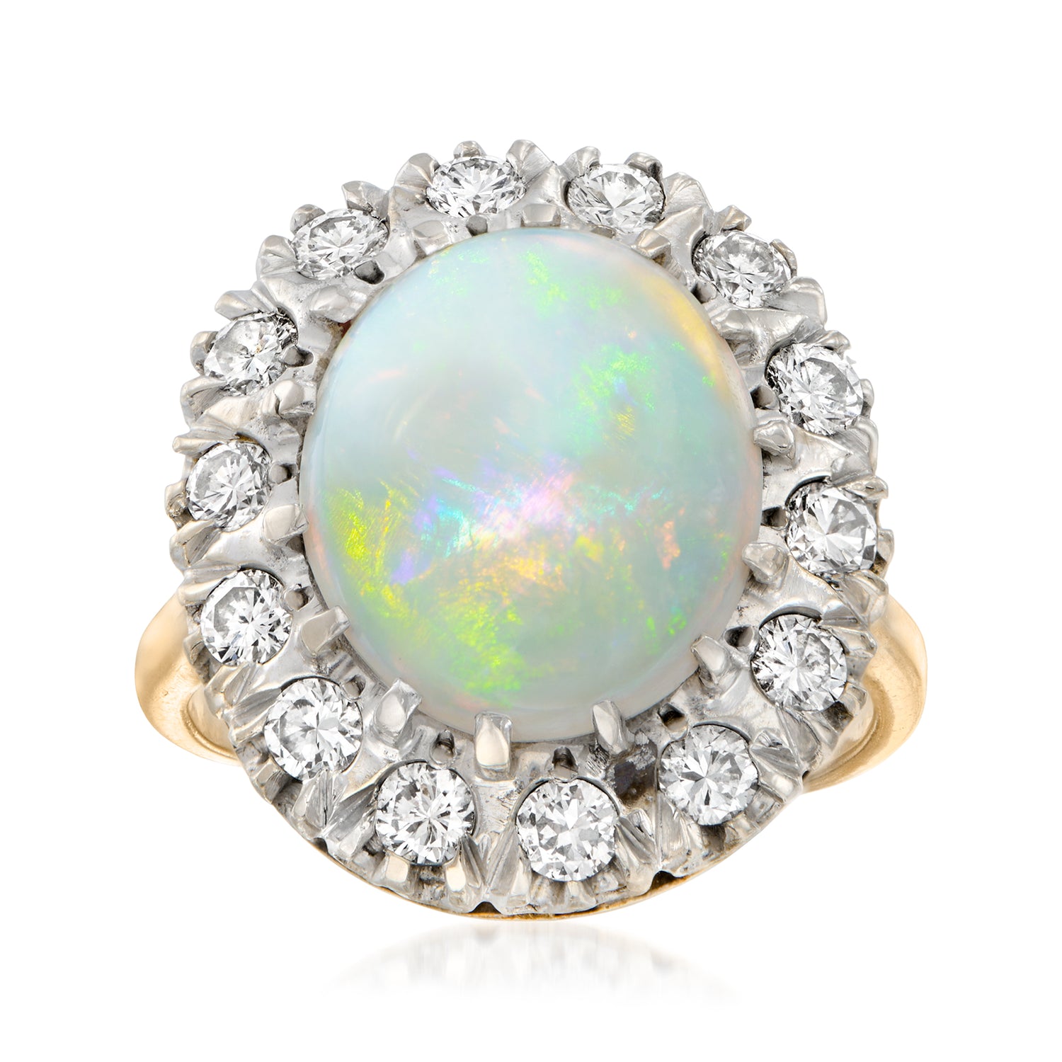 C. 1960 Vintage Opal and 1.15 ct. t.w. Diamond Ring in 14kt Yellow Gold