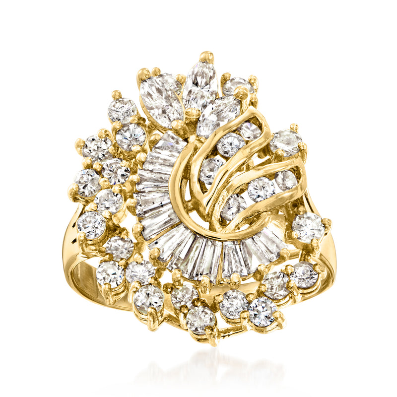 Vintage yellow gold diamond swirl ring with clustered round brilliant stones