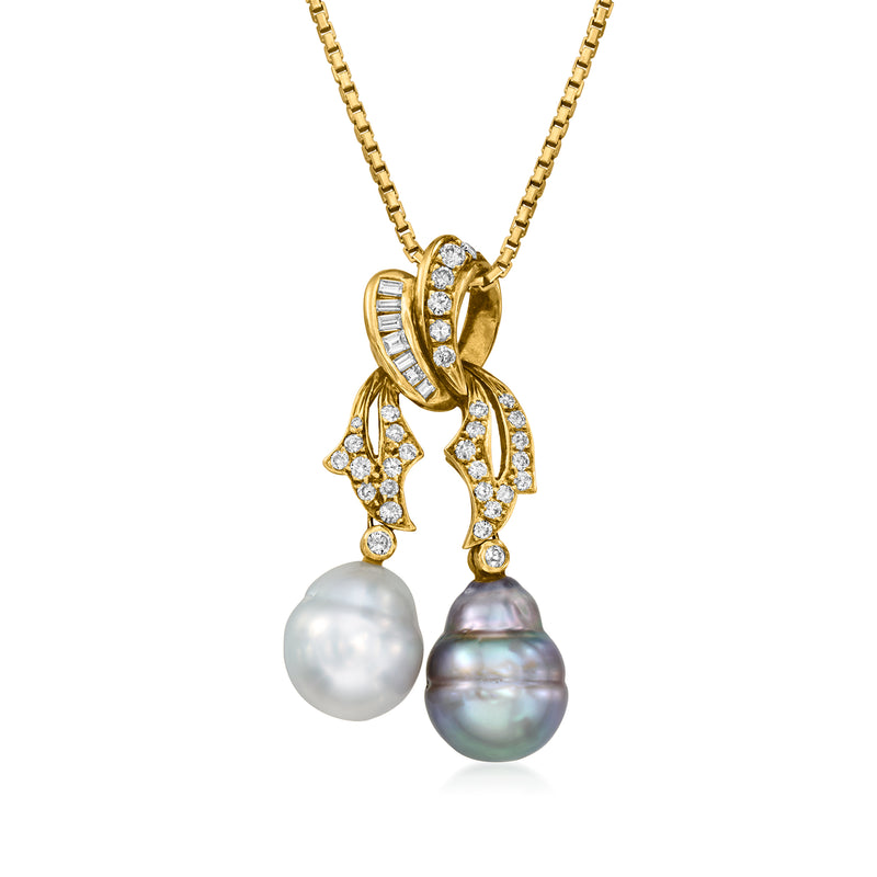 14k yellow gold cultured pearl drop necklace with diamond accents and two pearls