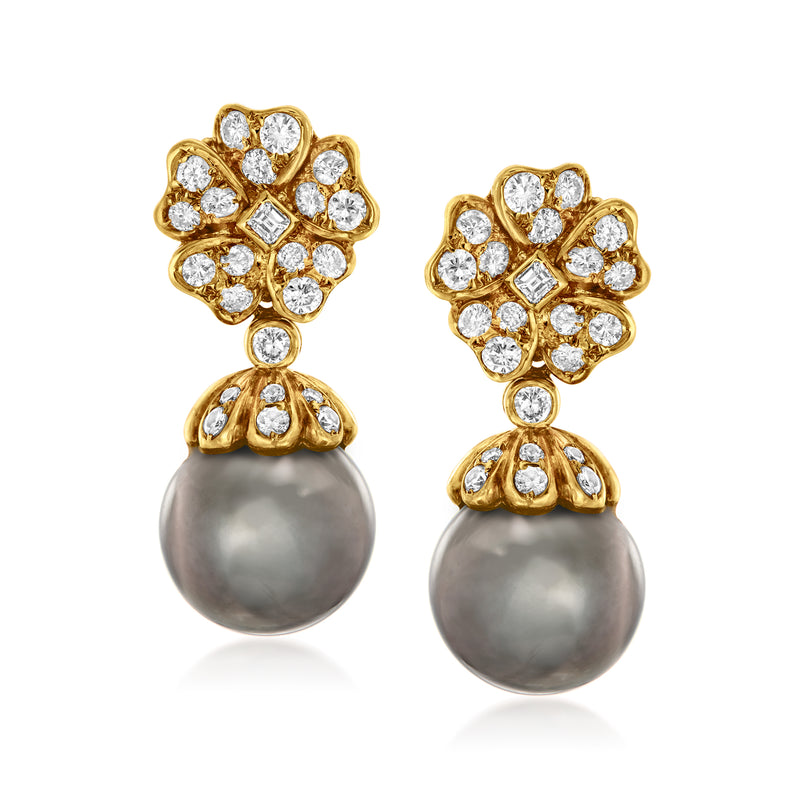 14kt yellow gold flower drop earrings with diamond accents and gray cultured pearl drops