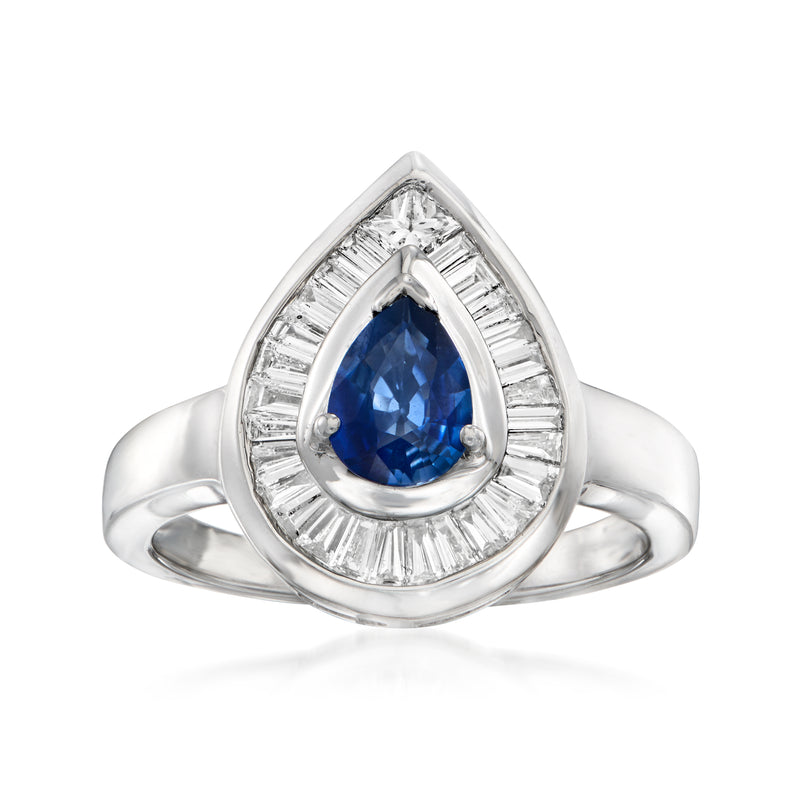 Teardrop sapphire and diamond ring, 18k white gold, size 7.5, pear blue center