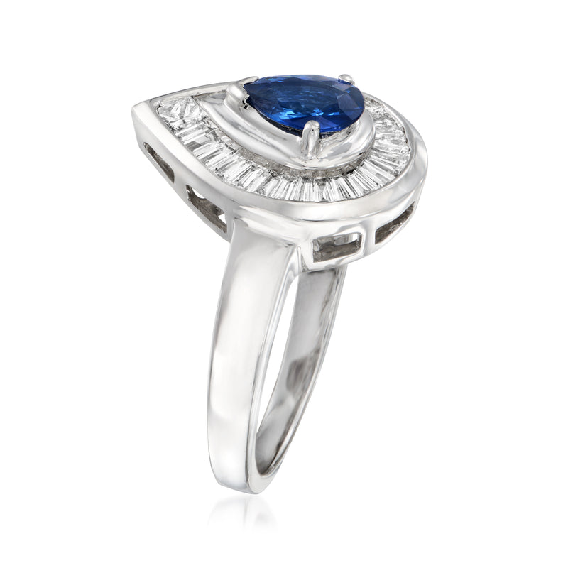 Side view teardrop sapphire and diamond ring in 18k white gold with blue center