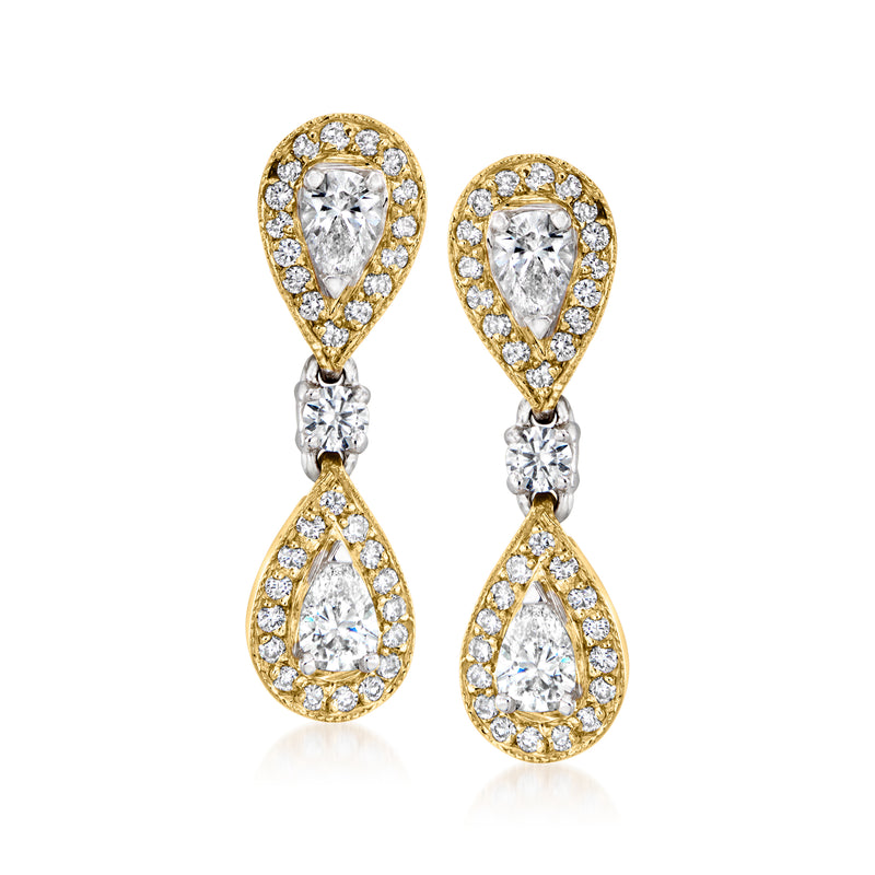Vintage diamond drop earrings in 18kt two-tone gold with teardrop settings