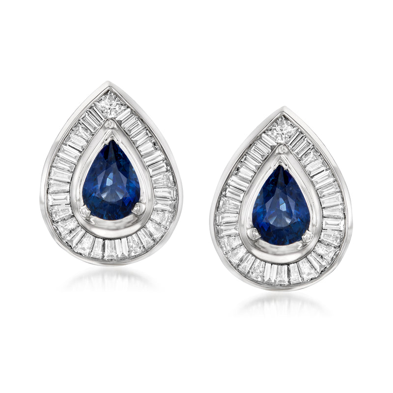 Teardrop sapphire and diamond stud earrings in white gold, blue center with diamond halo