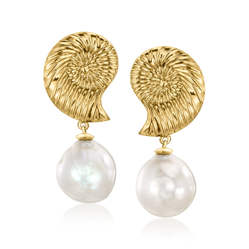 Gold seashell-style drop earrings with white cultured pearl dangles, pair