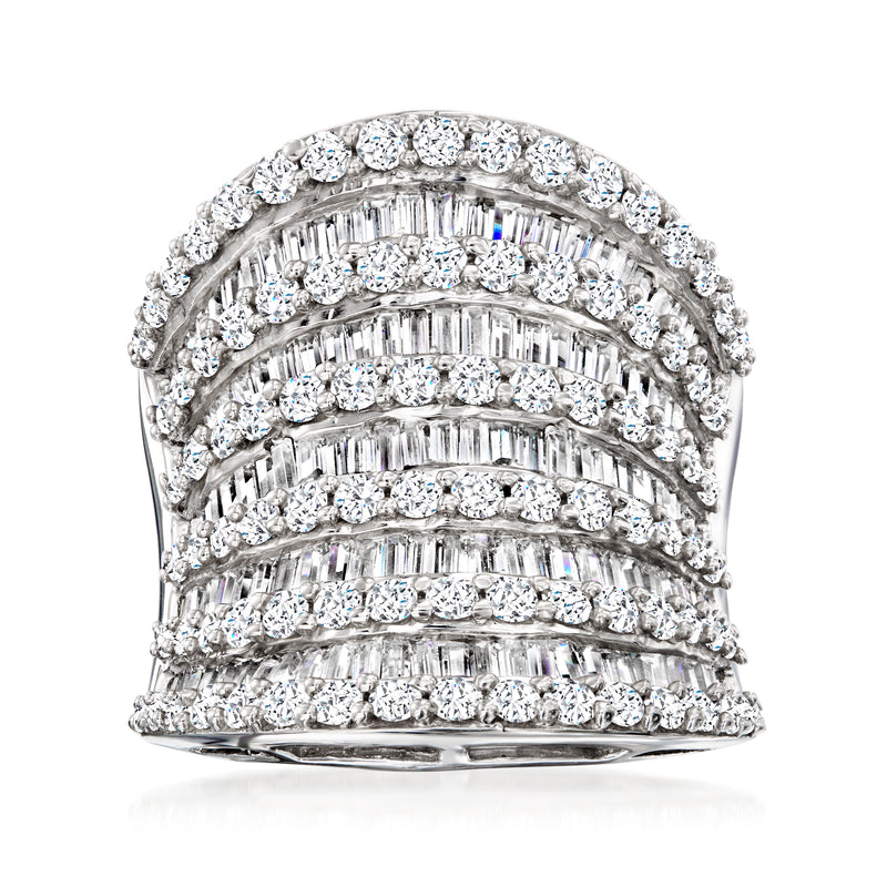 Sterling silver multi-row CZ band ring with round and baguette-like stones, arched top