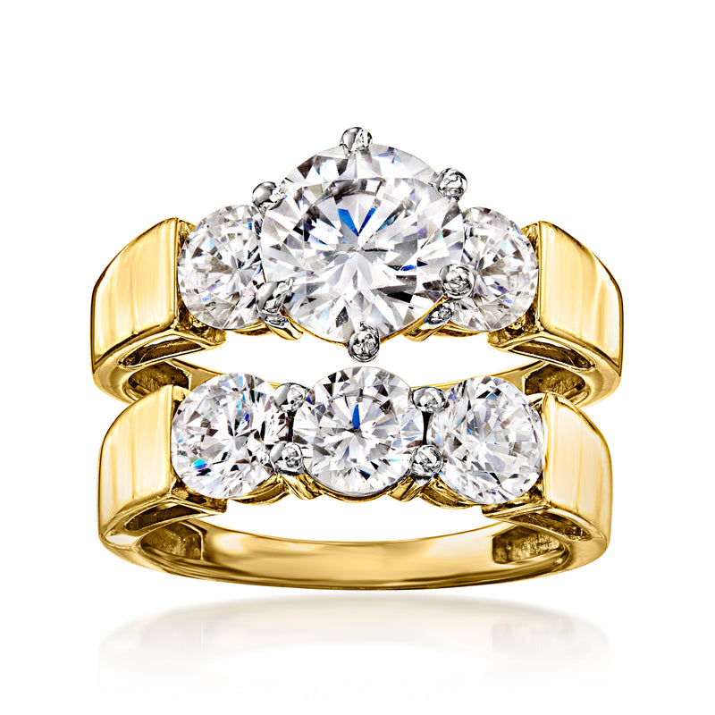 Gold-tone CZ ring set with two stacked bands and three large clear stones