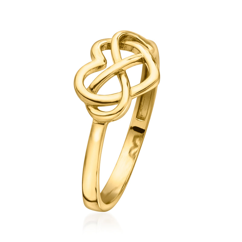 10kt yellow gold infinity heart ring, angled view of interlocking heart loops