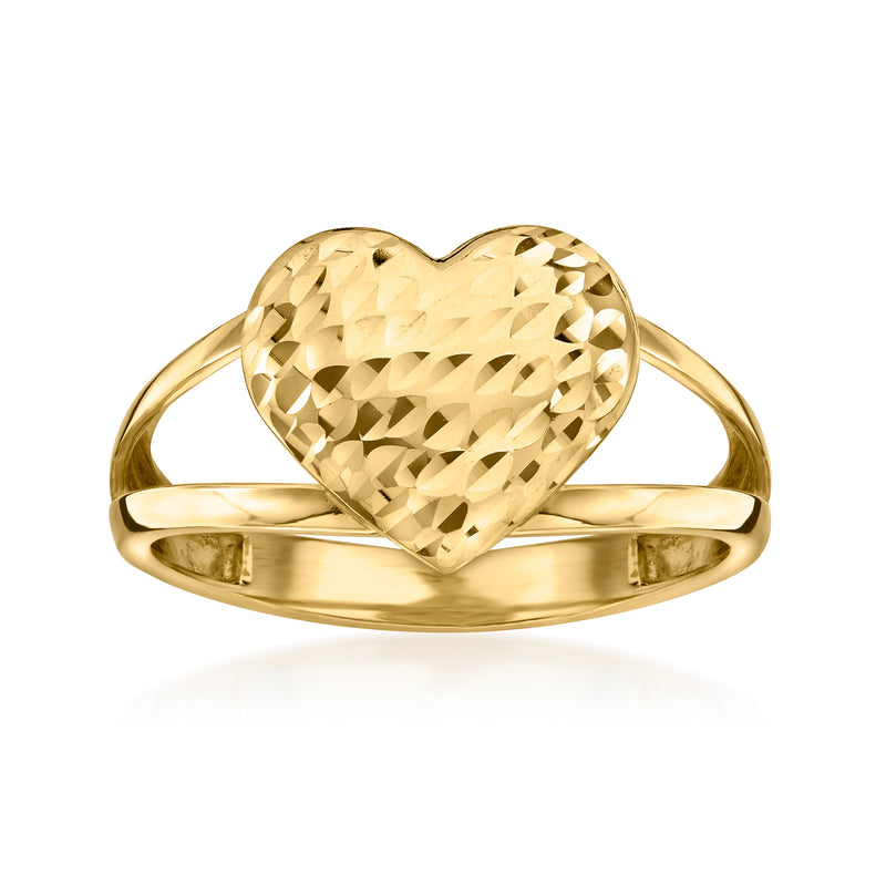 10kt yellow gold diamond-cut heart ring with polished band, visible heart top