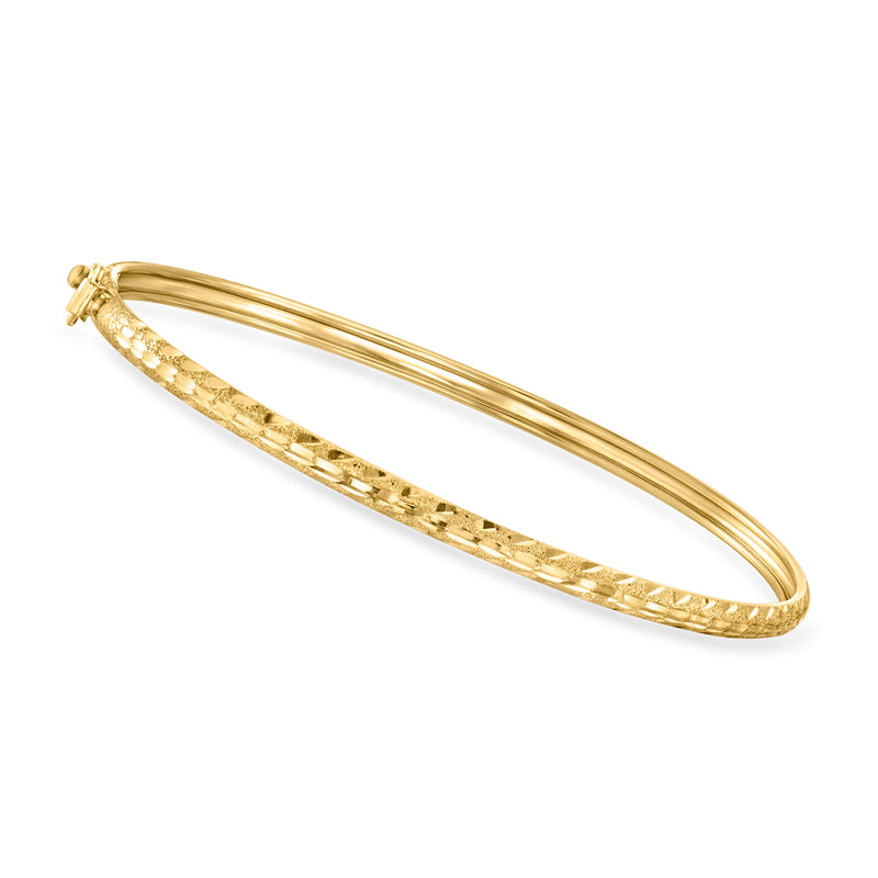 10kt yellow gold flexible bangle bracelet with textured center and clasp ends