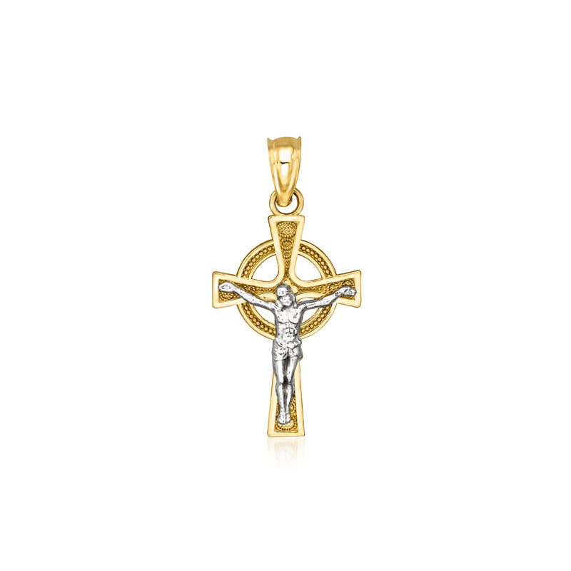 10kt two-tone gold crucifix pendant with Jesus figure, bail loop at top