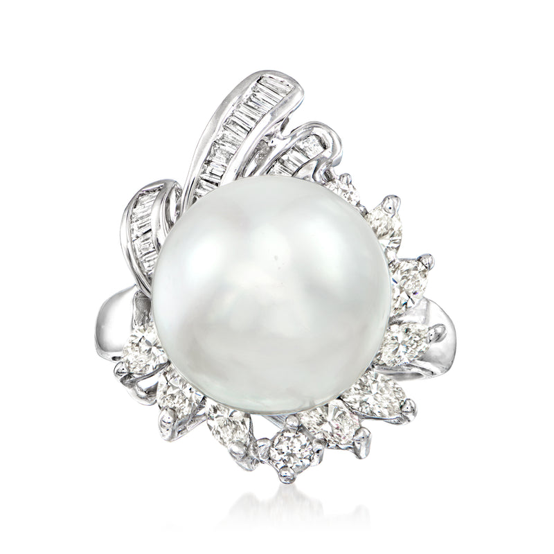 18kt white gold ring with large cultured pearl and diamond cluster around it