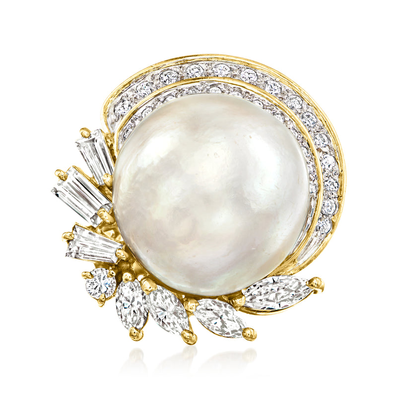 Cultured pearl swirl ring in 18k yellow gold with diamond accents