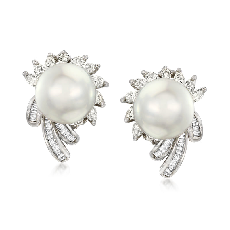 Cultured pearl and diamond cluster stud earrings in 18kt white gold, clip/post back