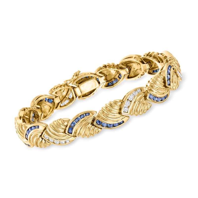 Vintage leaf bracelet in 14kt yellow gold with blue sapphires and diamond accents