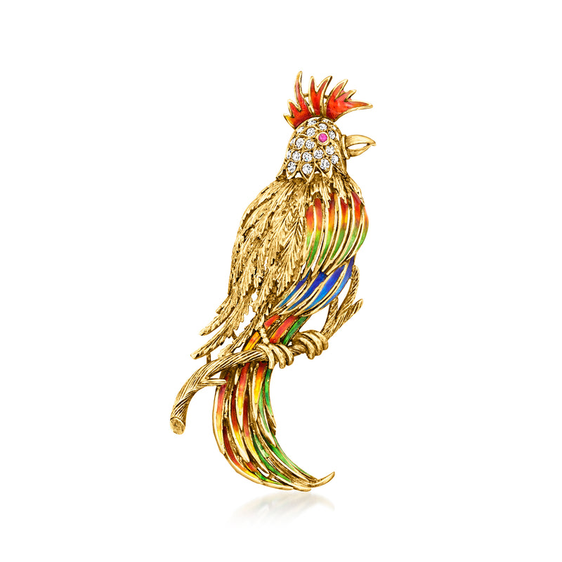 Vintage bird pin in 18kt yellow gold with multicolor enamel, ruby center, diamond accents