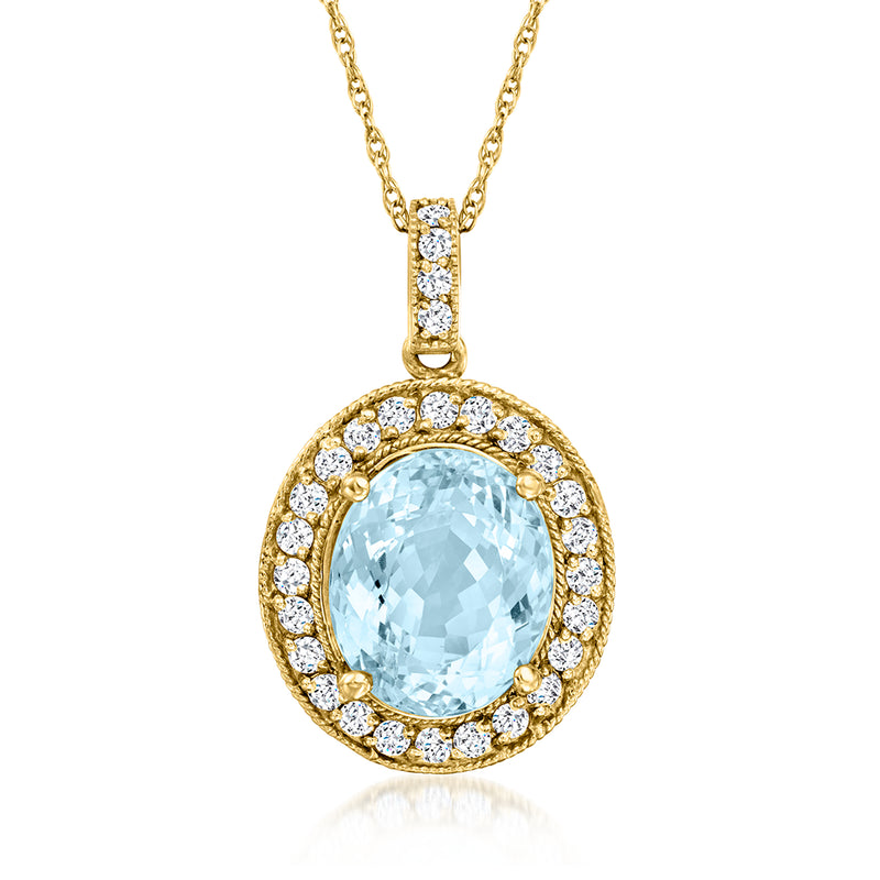 14kt yellow gold pendant necklace with oval aquamarine center and diamond halo