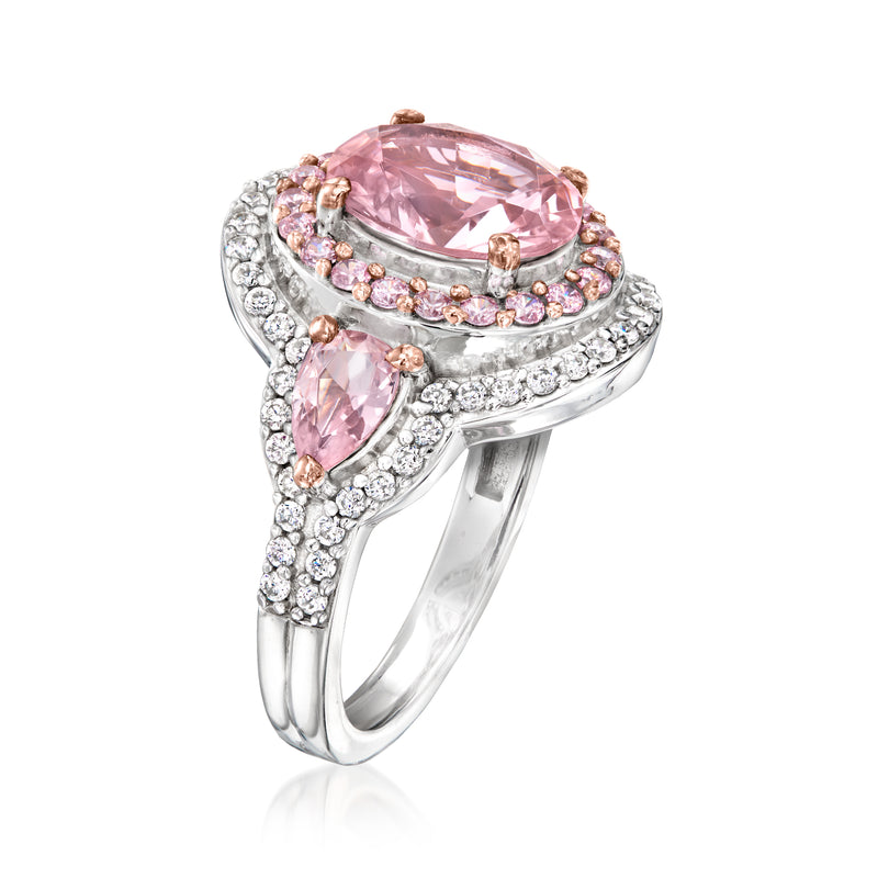Sterling silver ring with oval pink center stone and pink CZ teardrop side accents