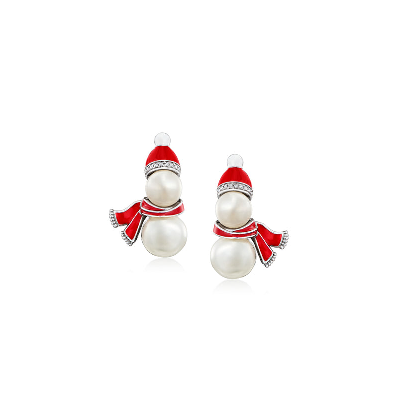 6.5-9mm Cultured Pearl Snowman Earrings with Multicolored Enamel and Diamond Accents in Sterling Silver