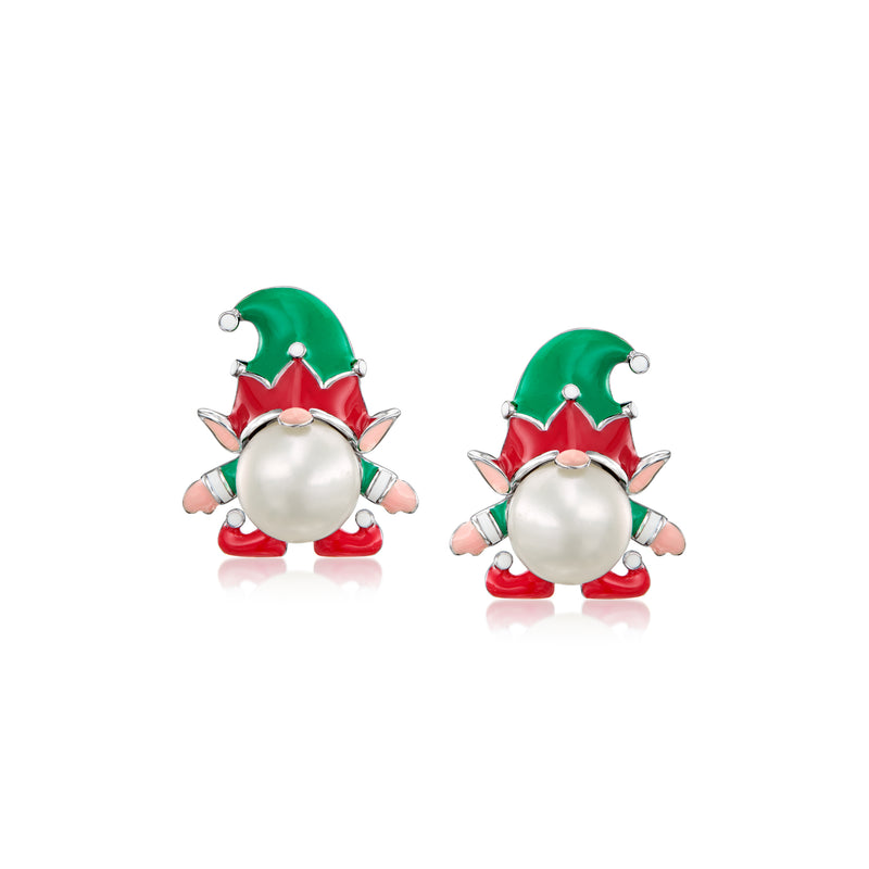 Sterling silver gnome earrings with green red enamel hat and round cultured pearl front
