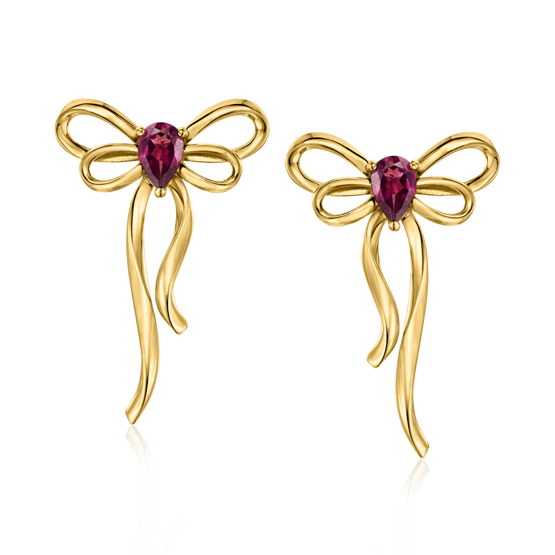 Gold bow drop earrings with oval rhodolite garnet center and dangling ribbons