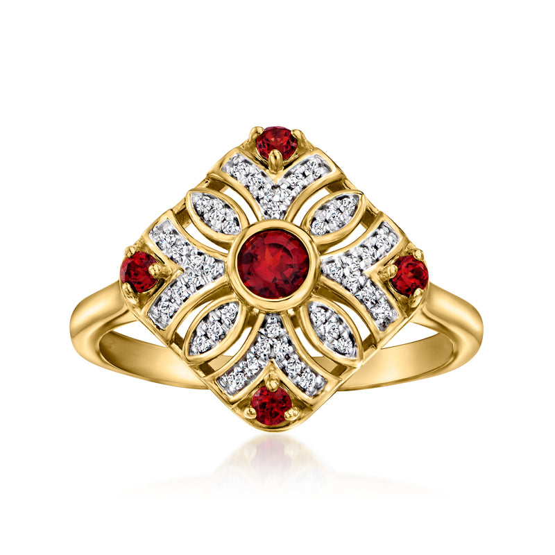 Vintage-style gold over sterling ring with red garnet center, diamond accents