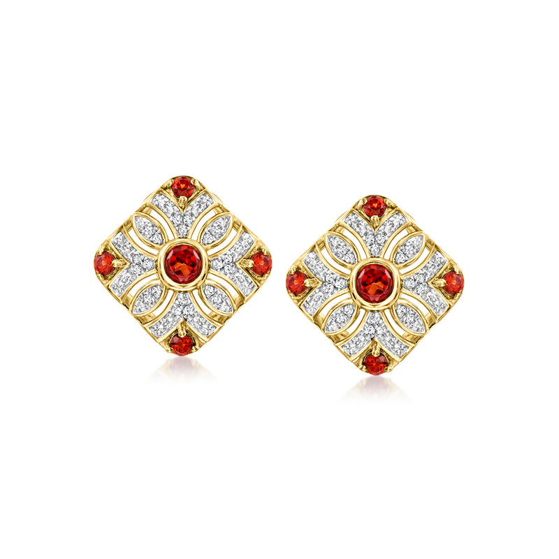 Vintage-style gold over sterling earrings with red garnet and white diamond accents