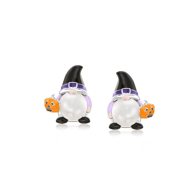 Sterling silver gnome earrings with white cultured pearl body, purple hat, orange pumpkin