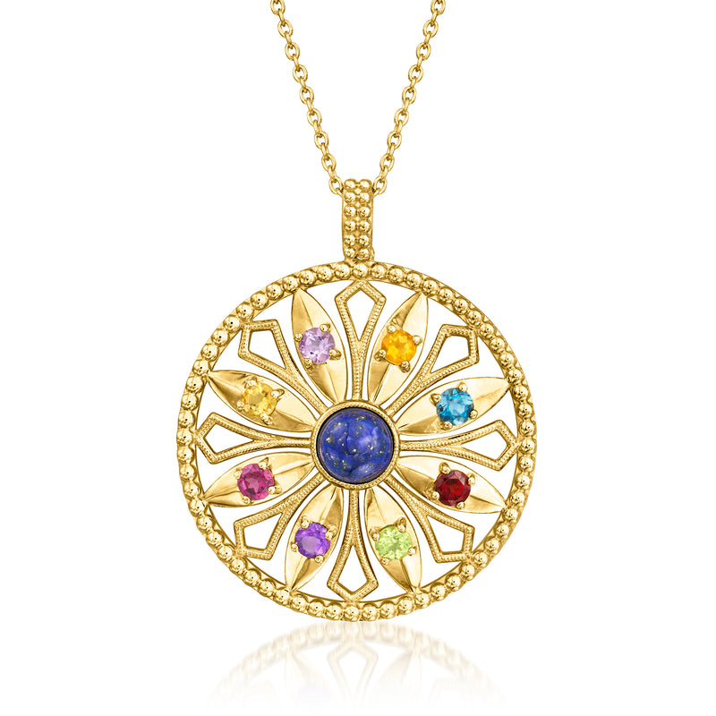 Gold-tone flower pendant necklace with round blue center and multicolor gemstones.