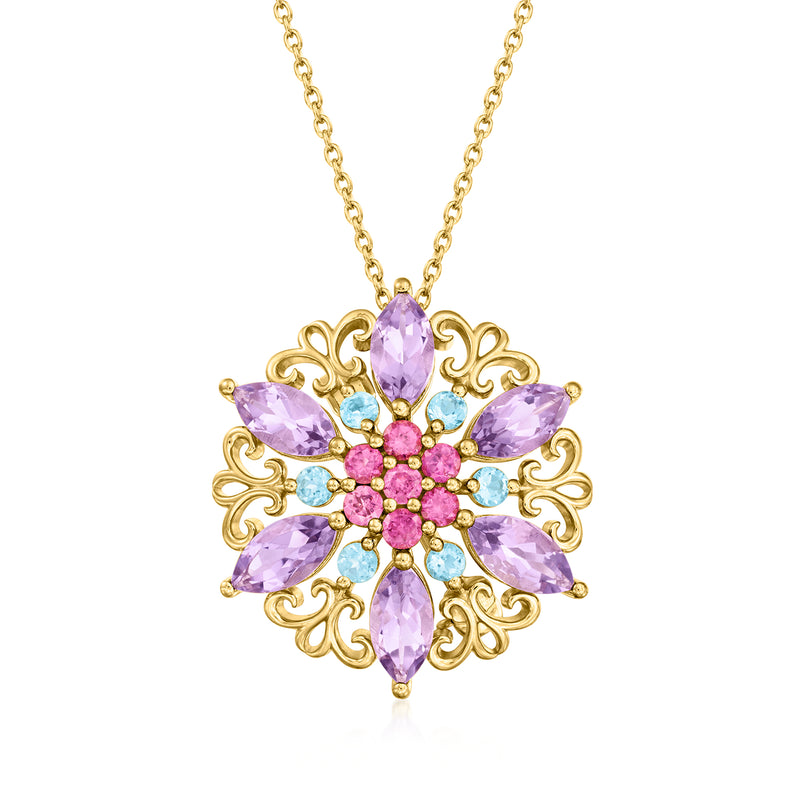 Gold-tone flower pendant necklace with purple, pink, and light blue gemstones on chain