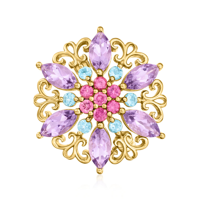 Gold-tone multi-gemstone flower pendant with purple, pink, and light blue stones and filigree