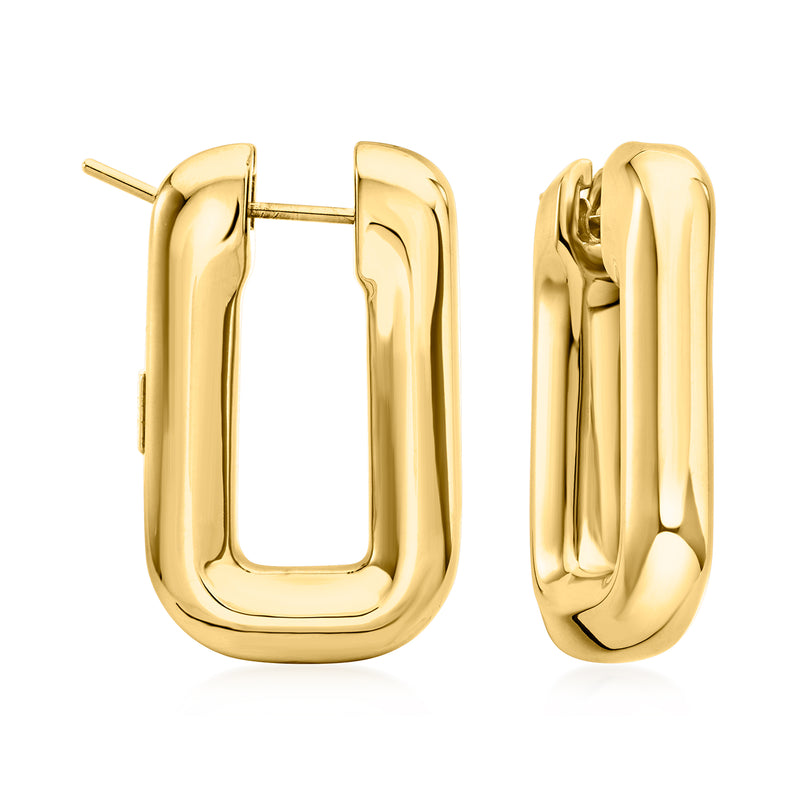 18kt yellow gold square link hoop earrings, polished hinged hoop
