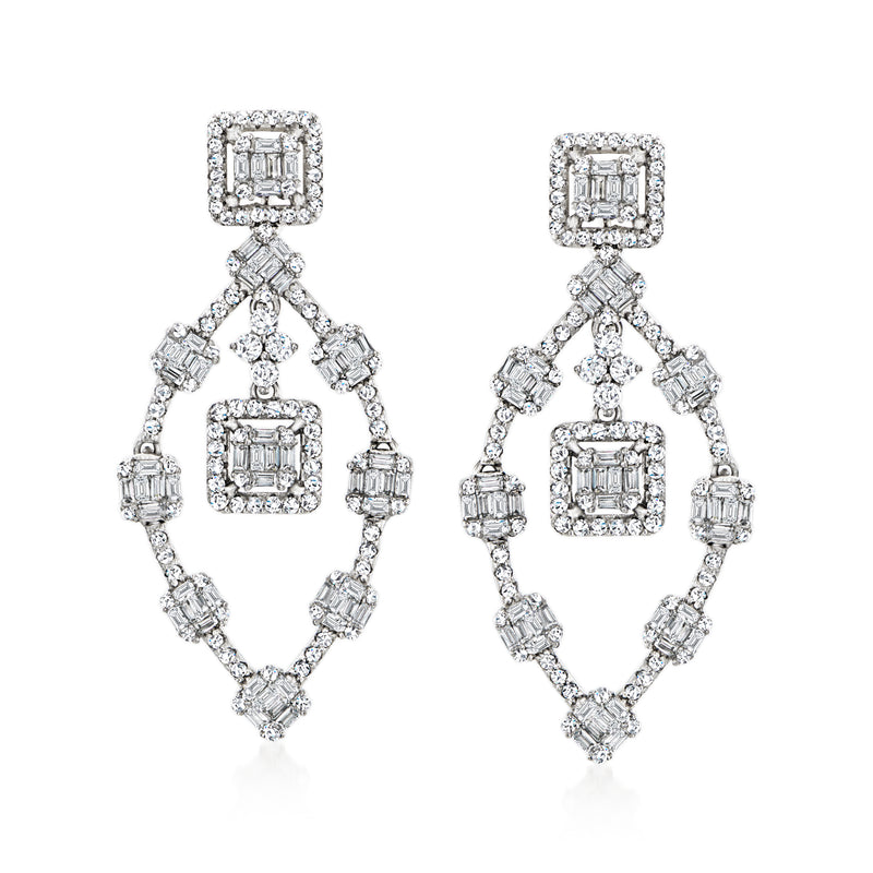 Sterling silver CZ open-oval drop earrings with square crystal clusters