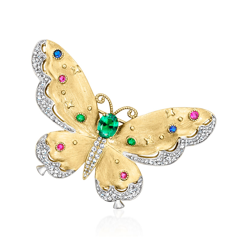 Gold butterfly lapel pin with multicolor simulated gemstones and clear CZ stones.