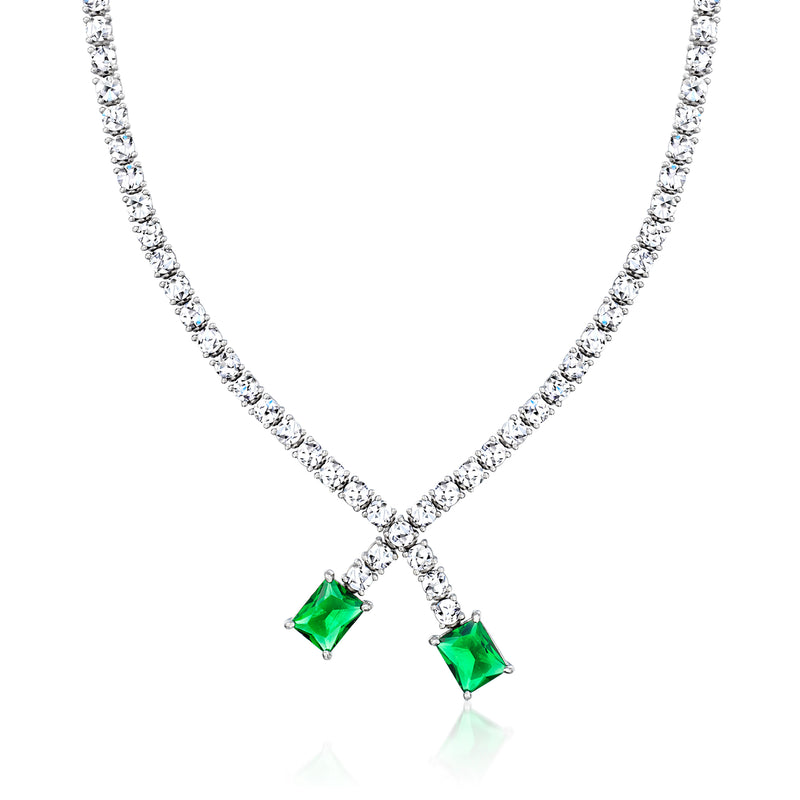 Sterling silver CZ tennis necklace with two green simulated emerald drop stones in X setting
