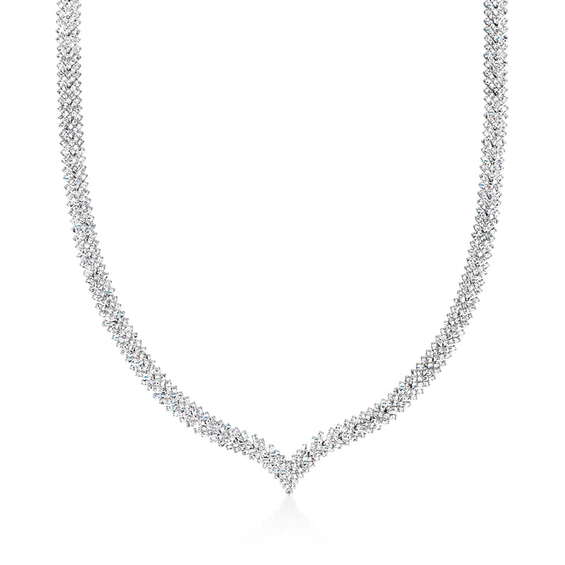Sterling silver CZ chevron V tennis necklace with small sparkle stones, straight chain