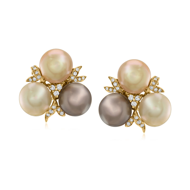 Cultured pearl and diamond cluster stud earrings in 18k yellow gold