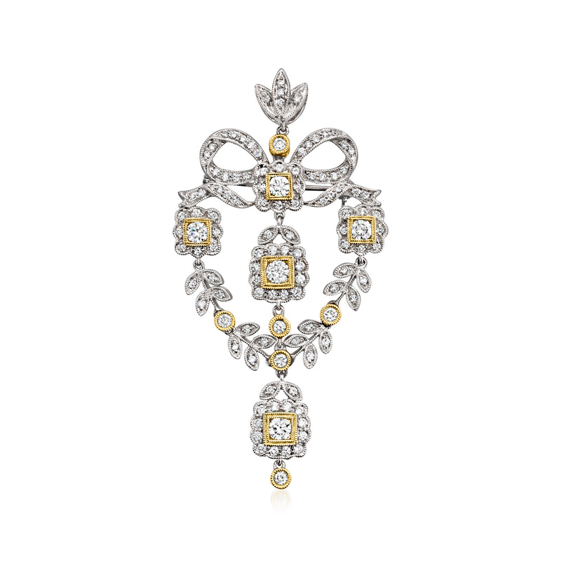 Two-tone gold diamond pendant necklace with floral bow top and dangling square stones