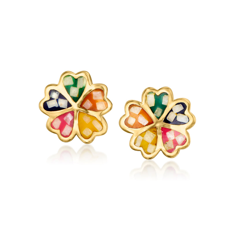 Four-leaf clover inlay post earrings with gold-toned edges and multicolor stones