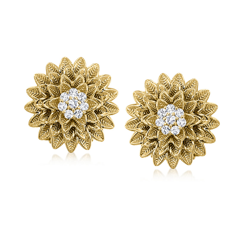 Gold flower stud earrings with diamond-style center and petal filigree