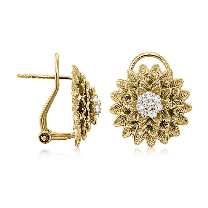 Gold post earrings with diamond-style floral centerpiece and scalloped petals