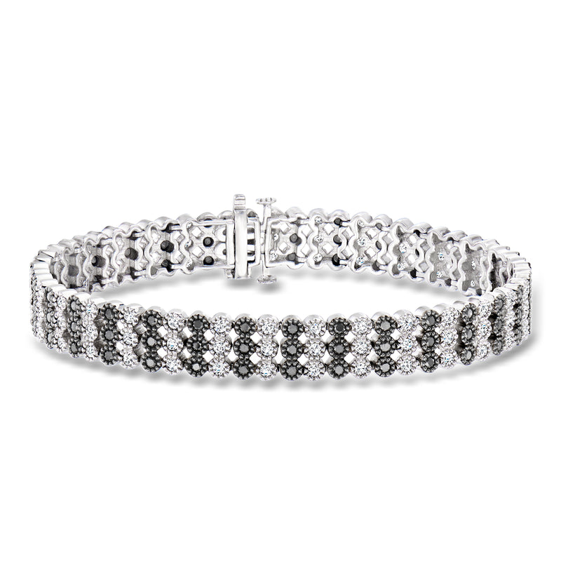 Three-row diamond tennis bracelet in sterling silver with black and white stones